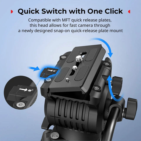 Quick release plate on Beefy Pro Grade Aluminum Video Tripod With Fluid Head For Pro Shoots, 73 Inch Reach, Model AD-14-5440.