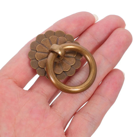 Antique Brass Drawer Pulls 6 Pack Vintage Ring Handles With Screws 30mm Retro Cabinet Cupboard Door Knobs in hand detail view