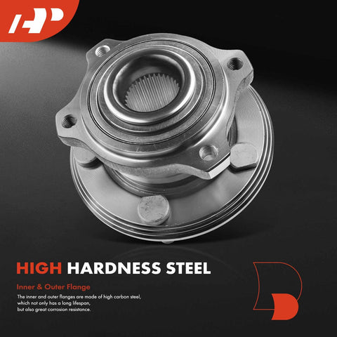 Close-up of a metal rear wheel bearing and hub assembly with 5-lug design, compatible with Dodge Charger, Challenger, Chrysler 300 2015-2023