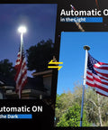 Solar Flag Pole Light With 136 LEDs Dusk To Dawn Auto On Off Sensor illuminating flagpole day and night.