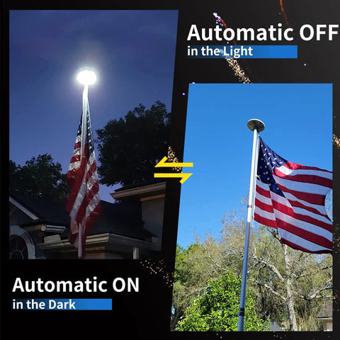 Solar Flag Pole Light With 136 LEDs Dusk To Dawn Auto On Off Sensor illuminating flagpole day and night.
