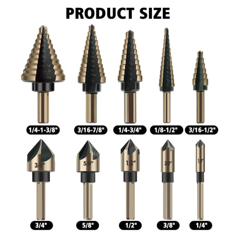 Five Piece Step Drill Bit Set For Metal With Titanium Coating Includes Five Step Bits Ranging From Small To Large Plus Five Countersink Bits Center Punch And Aluminum Case Replacing Fifty Traditional Drill Bits For DIY Projects And Home Repairs
