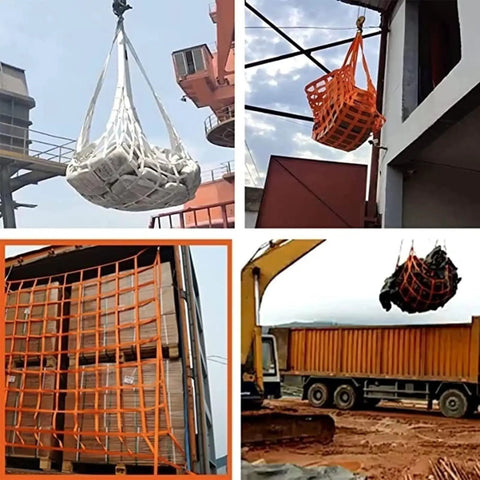 Rock Solid Heavy Duty Cargo Lifting Net With Tear Proof Polyester Webbing And Non Slip Hauling Straps For Secure Equipment Transport 3 By 3 Meter Mesh lifting cargo in various environments.