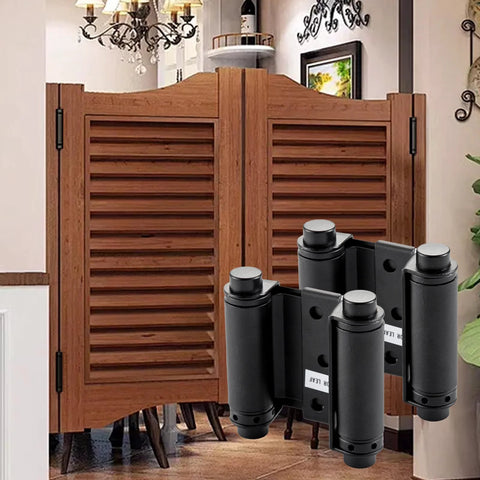 Close-up of matte black 3-inch double-action self-closing door hinge pair with screws