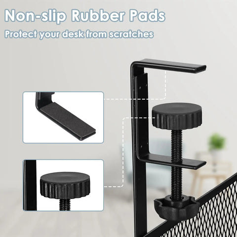 Close-up of clamp mechanism and non-slip rubber pads of 25 Inch Under Desk Cable Management Tray No Drill Clamp Heavy Duty Metal Cord Organizer