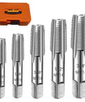 Five Piece NPT Pipe Tap Set For Clean Accurate Threads Carbon Steel Taps In One Eighth Inch To Three Quarter Inch With Durable Plastic Case