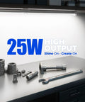 Crazy Bright 5000K 1.5ft LED Shop Light With 3450 Lumens At 25W For Workbench And Garage, T8 Under Cabinet Ceiling Fixture, lit workbench with tools underneath.