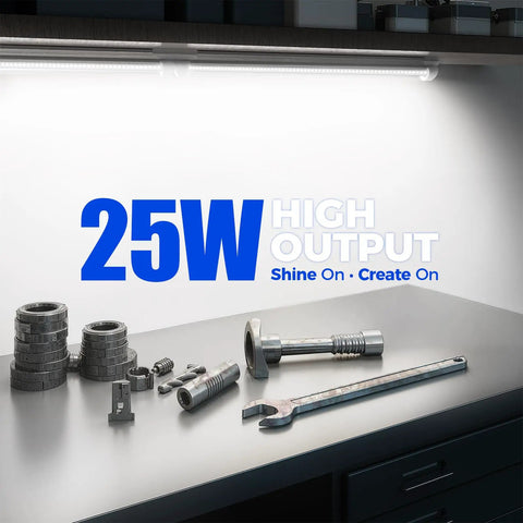 Crazy Bright 5000K 1.5ft LED Shop Light With 3450 Lumens At 25W For Workbench And Garage, T8 Under Cabinet Ceiling Fixture, lit workbench with tools underneath.