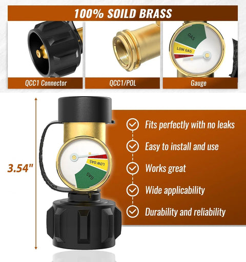 Propane Tank Gauge For RV And Camper Use, Barbecue Grill, Heater, And Fire Pit With Luminous Dial And Real Time Remaining Quantity Monitor, Easy QCC1 Type1 Connection, No Guesswork brass gauge with QCC1 connector