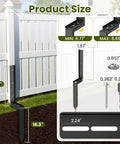Fence Post Repair Kit For Wood Posts, Heavy Duty Steel Ground Spike With Adjustable Angle, dimensions shown against white fence