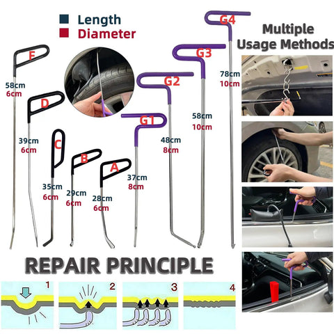 190 Piece Auto Body Dent Repair Tools Kit with dent rods for paintless bodywork and car repair principle illustrations