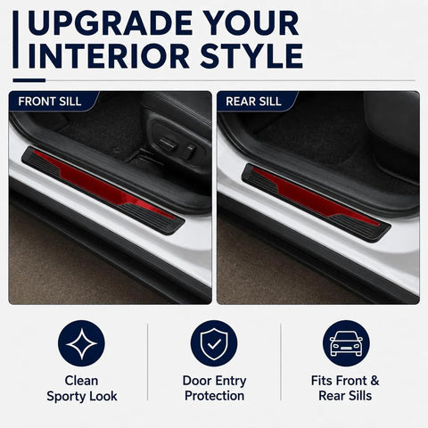 Ford Edge Door Sill Guards 4 Piece Set Glossy Red Peel And Stick Entry Trim Protectors installed on front and rear car sills