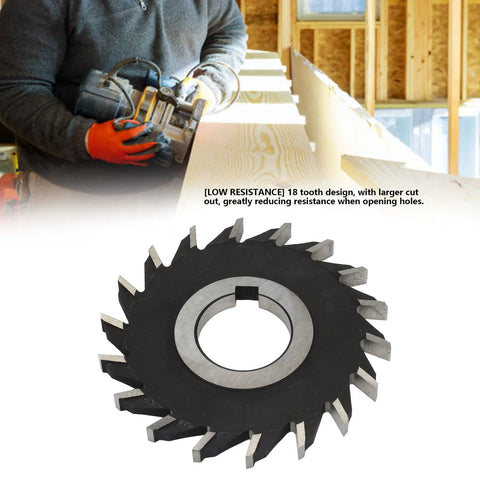 Front view of 18-tooth HSS face milling cutter, black body, 100 mm diameter.