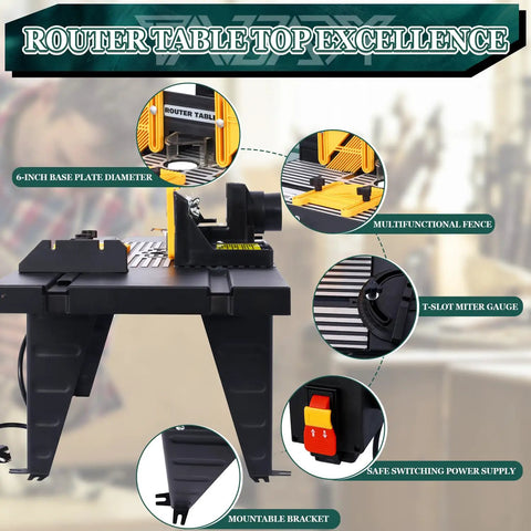 Heavy Duty Aluminum Benchtop Router Table With Expandable Work Surface And Sleek Adjustable Fence Rock Solid Woodworking Rig For No Fuss Diy Carpenter Setup Black showing multifunctional fence and miter gauge.