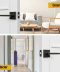 Matte Black Interior Door Lever With Square Plate installed on a white door, view from living room and hallway, reversible and modern style
