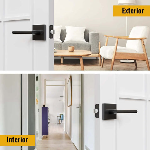 Matte Black Interior Door Lever With Square Plate installed on a white door, view from living room and hallway, reversible and modern style