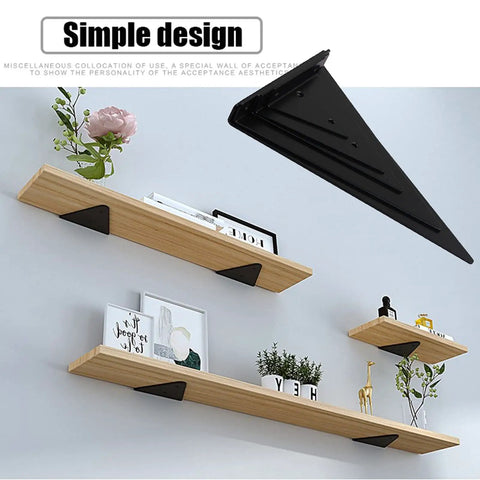 Flat Out Heavy Duty Hidden Metal Shelf Brackets Built Like A Boss For Rock Solid Wall Mounted Storage, Rust Proof Steel Triangle Supports Black 11 Inch 2 Pack on wooden shelves.