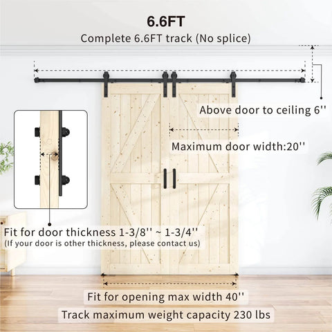 Antique Black Sliding Barn Door Hardware Kit With Double Track Roller System installed on wooden doors