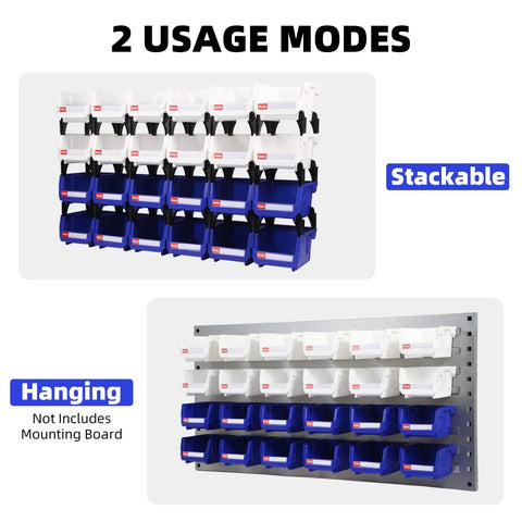 Heavy Duty Stackable Plastic Storage Bins 24 Pack For Garage Tools And Small Parts Organization 5x4x3 Inch Blue And White 33 Lbs Per Bin displayed as stackable and hanging modes