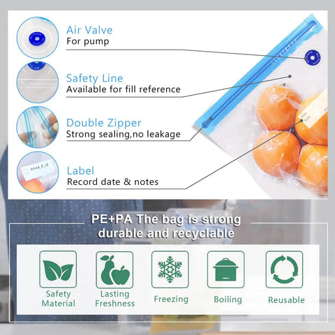 Set Of 40 BPA Free Reusable Sous Vide Vacuum Bags With Air Valve, safety line, double zipper, and label features