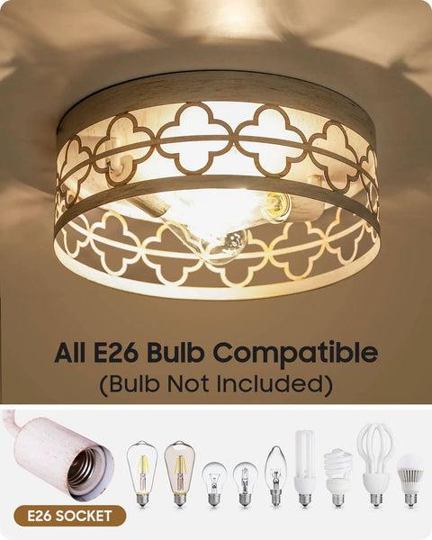 Illuminated Semi Flush Mount Ceiling Light Fixture in Modern Farmhouse Style with Antique White Finish, Quatrefoil Drum Shade