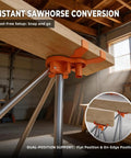 Instant setup of Beefed Up Portable Folding Workstand with round steel X braces and 4-inch adjustable leveling in a garage.