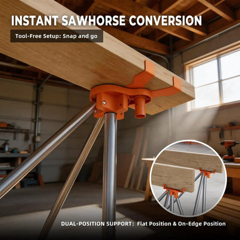 Instant setup of Beefed Up Portable Folding Workstand with round steel X braces and 4-inch adjustable leveling in a garage.