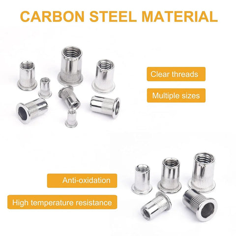Image of Rivet Nut Assortment Kit 70 Piece Set Of 304 Stainless Steel Flat Head Threaded Rivnuts in various sizes and clear threads