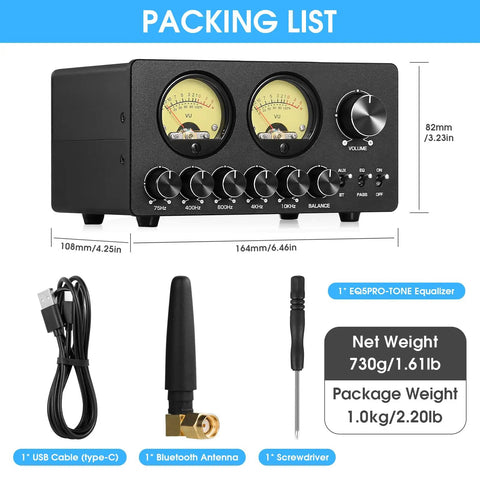 5 Band Bluetooth Equalizer Preamp For Home Stereo And Computer Speakers With VU Meter Dial In Tone Control Independent Op Amp Per Band For Precise Bass Mid And Treble Tuning On Any Amplifier, black metal unit with USB cable and antenna
