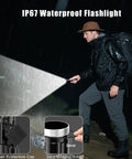 Man using Ultra Bright LED Flashlight With 50,000 Lumens And A 3937 Foot Beam in the rain, demonstrating IP67 waterproof feature.