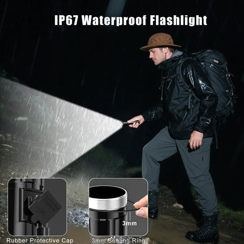 Man using Ultra Bright LED Flashlight With 50,000 Lumens And A 3937 Foot Beam in the rain, demonstrating IP67 waterproof feature.