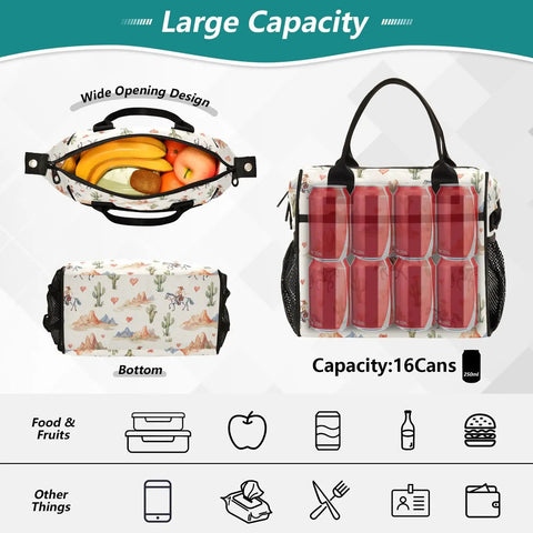 Lunch Bag With Watercolor Cowgirl Desert Mountains Cactus Design Reusable Insulated Cooler Tote Adjustable Shoulder Strap Big 12L Capacity