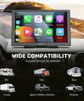 Wireless CarPlay Screen For Cars 9 Inch HD Touchscreen Portable Car Stereo on dashboard with compatibility icons for RV, van, bus, truck, SUV, and pickup.