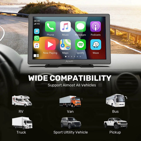 Wireless CarPlay Screen For Cars 9 Inch HD Touchscreen Portable Car Stereo on dashboard with compatibility icons for RV, van, bus, truck, SUV, and pickup.