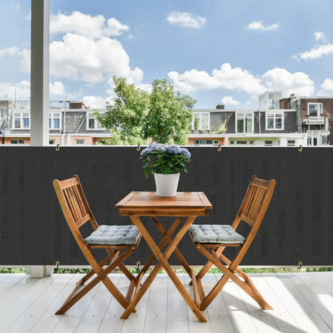 Outdoor deck with wooden furniture and Three Feet By Twelve Feet Balcony Privacy Fence Screen Cover With Zip Ties UV Protected