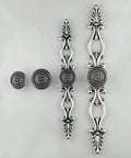 Vintage Sunflower Cabinet Knob With Back Plate Antique Silver And Black, includes two knob sizes and ornate backplates for cupboards and dressers.