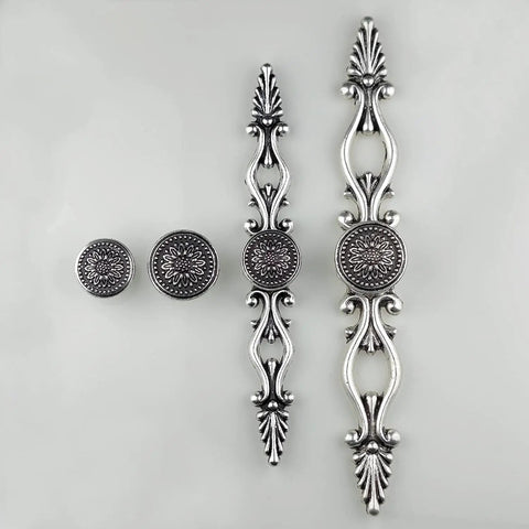 Vintage Sunflower Cabinet Knob With Back Plate Antique Silver And Black, includes two knob sizes and ornate backplates for cupboards and dressers.
