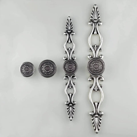 Vintage Sunflower Drawer Knob With Back Plate In Antique Silver Black Retro Cabinet Pull For Cupboard And Dresser Smaller 1.02 Inch Knob Solid Metal Hardware For DIY Furniture Makeover displayed on gray background