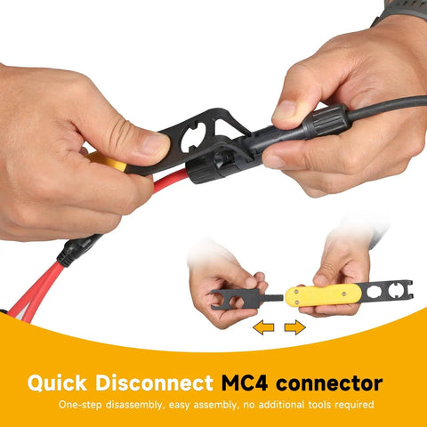 Hands using Universal MC4 Disconnect Tool 4in1 Solar PV Connector Wrench showing quick secure MC4 PV4 H4 installations.