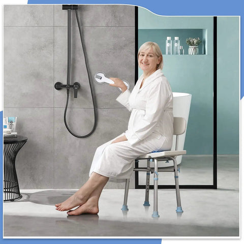 Senior woman using 12 Inch Suction Cup Grab Bars For Bathtub And Shower, Heavy Duty No Slip Bathroom Safety Bar For Seniors And Handicap.