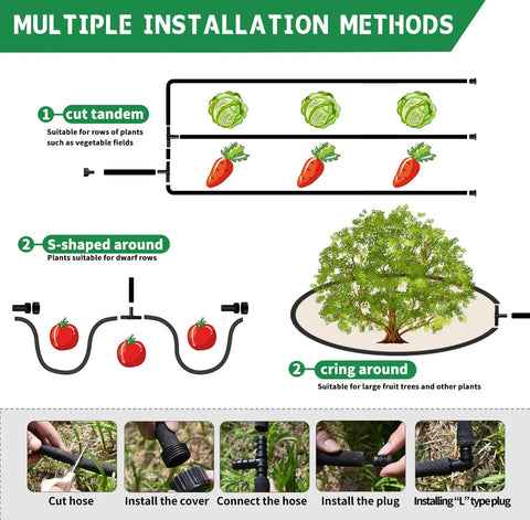 Illustration of Half Inch Soaker Hose 50 Feet For Garden Beds Heavy Duty Drip Irrigation Kit Rubber Watering Hose installation methods.