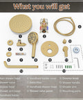 Iribber Brushed Gold Shower System Faucet Set, Filtered Handheld shower parts including shower heads, valve, hose, and accessories.