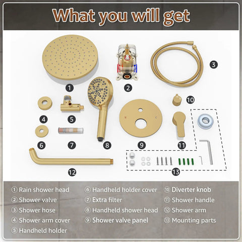 Iribber Brushed Gold Shower System Faucet Set, Filtered Handheld shower parts including shower heads, valve, hose, and accessories.