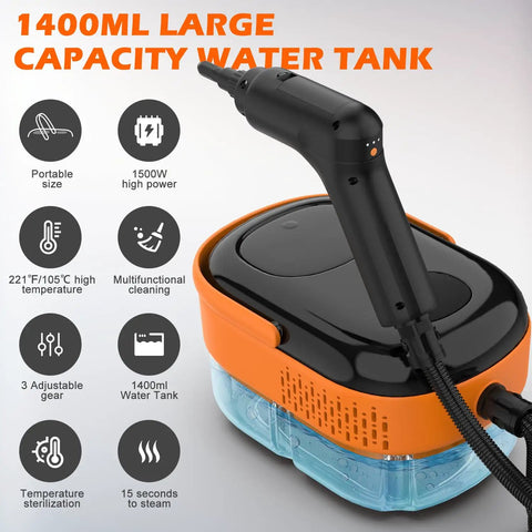Heavy Duty Portable Handheld Steam Cleaner For Home And Auto Fast Fifteen Second Heat Up With Massive Water Tank and Sixteen Versatile Tips that crush grease with large 1400ml tank.