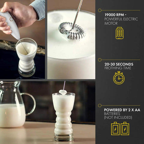Handheld Milk Frother And Electric Whisk With 19000 RPM Power Includes Recipe Book And Stainless Steel Stand White And Gold Finish Perfect For Lattes Cappuccinos And More, shown frothing milk in glass next to pitcher