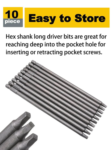 10-piece Long Magnetic Square Drive Screwdriver Bit Set, 1/4 Inch Hex Shank, 6 Inch Length, S2 Steel, with strong magnetic hold