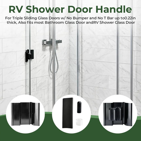 Smooth Glide RV Tri Slide Shower Door Handle Kit And Frameless Glass Replacement Hardware displayed with shower door components.