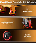 CAMMOO hydraulic lift table cart, yellow frame with PU wheels; front wheels and multi-directional rear wheels shown