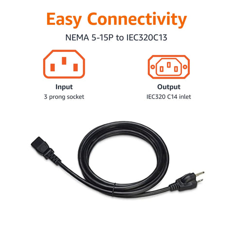Heavy Duty 10 Foot Replacement Power Cord For Computer Monitor Tv Printer Pc 3 Prong Cable 18 Awg 125 Volts with NEMA 5-15P and IEC320C13 connectors.