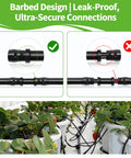 Comparison of secure and insecure connections in 240 Piece Drip Irrigation Kit For Quarter Inch Tubing Includes Misting Nozzles Drippers Stakes Tees Elbows Plugs And More For Easy Diy Garden Irrigation System Upgrade, showing barbed design in use with garden planters.